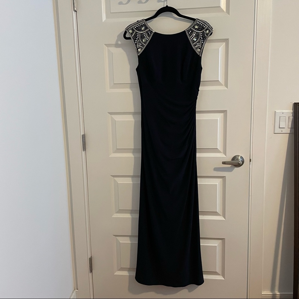 Xscape Navy Blue Embellished Cap Sleeve Long Gown, size 10P